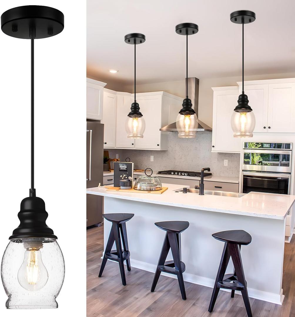 WILON Pendant Lights for Kitchen Island, Seeded Glass Mini Pendant Light Fixtures Farmhouse Pendant Lighting Metal Black Pendant Light Over Kitchen Island Sink Dining Table