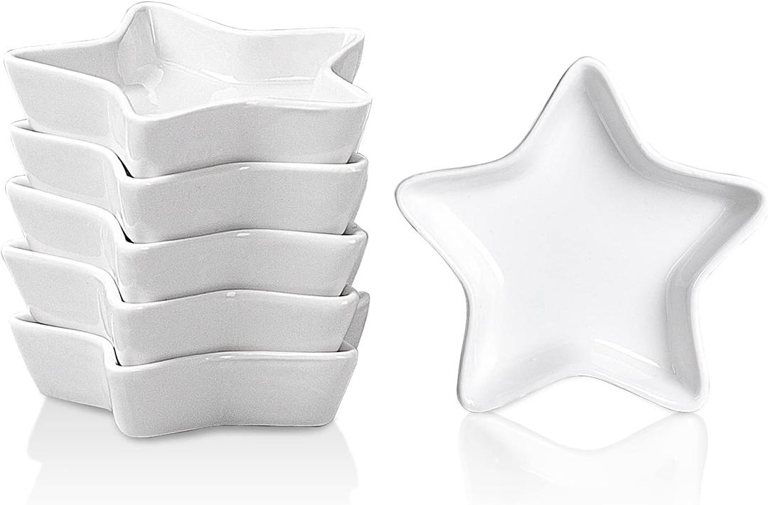 DELLING Star Soy Sauce Dish Dipping Bowls/Dish, Ceramic Dipping Sauce Cups for Soy Sauce, Sushi Sauce, Condiment, BBQ, Small Pinch Bowls, Set of 6, White, 1.3 Oz