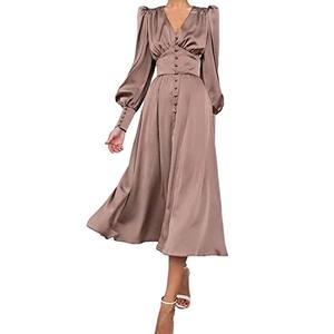 xxxiticat Women's Puff Sleeve Satin Maxi Dress Long Lantern Sleeve Button Down Ruffle Single Breasted Vintage Midi Dresses(BR,S) Brown Size S