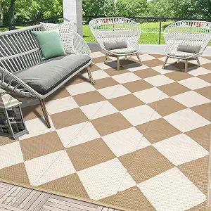 HEBE Outdoor Rug Waterproof 9'x12', Checkered Reversible Plastic Patio Rug