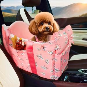 Cullaby Console Dog Car Seat - Portable Dogs Armrest Booster Seat for Small Dog, Anti-Collapse Pet Car Seat with Soft Cushion Safety Belt, Support Pet Up to 11lbs (Pink Daisy)