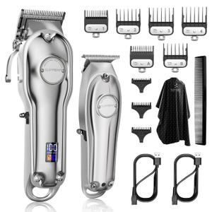 SUPRENT PRO Professional Hair Clippers for Men- Hair Cutting Kit & Zero Gap T-Blade Trimmer Combo- Cordless Barber Clipper Set with LED Display for Mens Gifts (Silver)