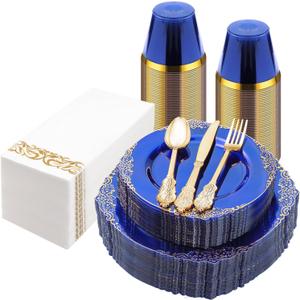 Bestluck 175PCS Clear Blue Plastic Plates for 25 Guests, Disposable Plates with Gold Trim include 25 Dinner and Dessert Plates, 75 Gold Silverware, 25 Cups, 25 Napkins for Party, Wedding & Graduation
