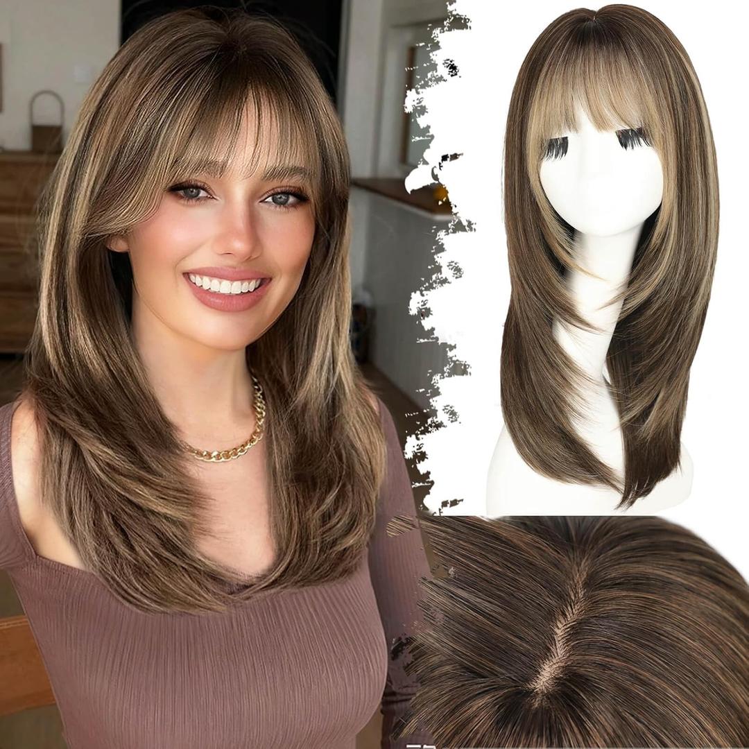 Eawwii Wig with Bangs for Women Brown Blonde Highlight Straight Face-Framing Layers Hairstyle 4x4 Realistic Scalp Glueless Synthetic Wigs Medium Length for Everyday Use