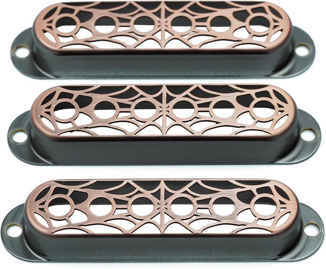 Guyker 3Pcs Single Coil Guitar Pickup Covers (52mm Pole Spacing), Copper Hollow Out Spider Web Style Pickup Mounting Ring Set Guitar Accessories Replacement Part(PS007, Bronze)