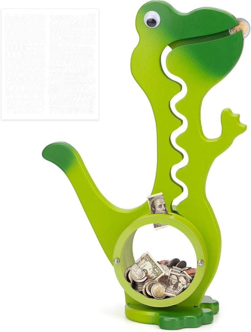 Wooden Dinosaur Piggy Bank for Boys Kids Girls Big Clear Animal Belly Coin Bank Toddler Real Money ToyDino-Green