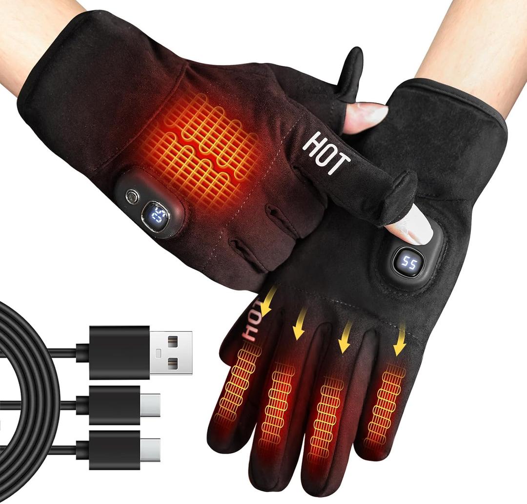 Rechargeable Electric Heated Winter Gloves for Men & Women, Smart Temperature/Battery Display (Large (Runs small))