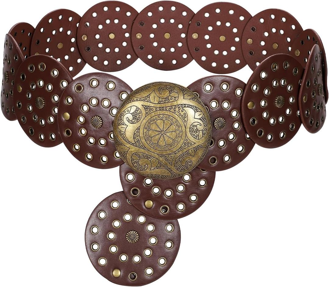 WERFORU Women Vintage Leather Belt Western Disc Waist Belts Ladies Western Belt Boho Belt for Dress Jean- (Length 41"Fit Waist Size Below 37", Browm-bronze Buckle)