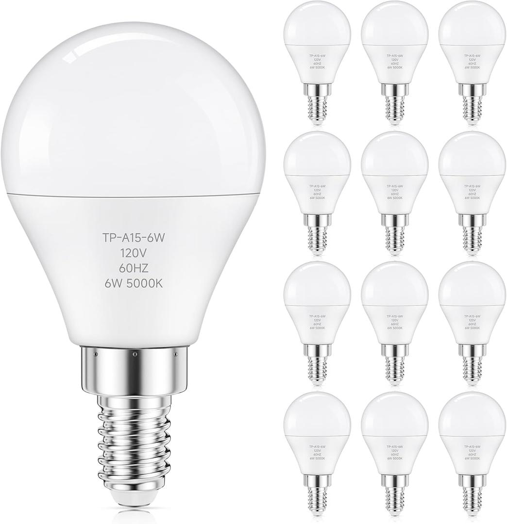 GGOYING E12 LED Candelabra Bulbs 60W Equivalent, 600LM Daylight White 5000K Chandelier Light Bulb, 85+ CRI Non-Dimmable Candle Small Base Bulbs, 12-Pack