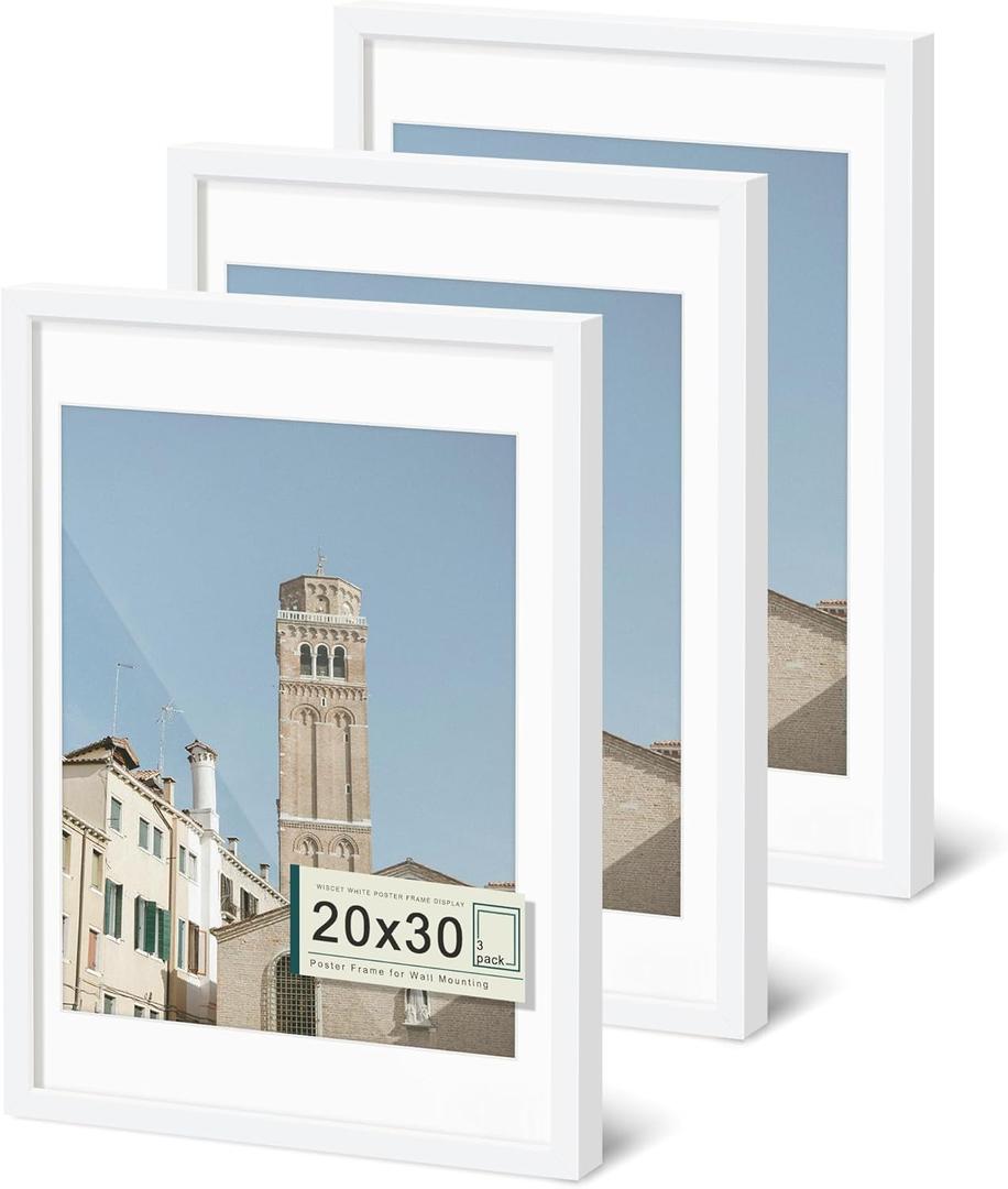 Wiscet 20x30 Picture Frame Set of 3, Display Pictures 18x24 with Mat or 20 x 30 Poster Frame Without Mat, Wall Gallery Photo Frames, White
