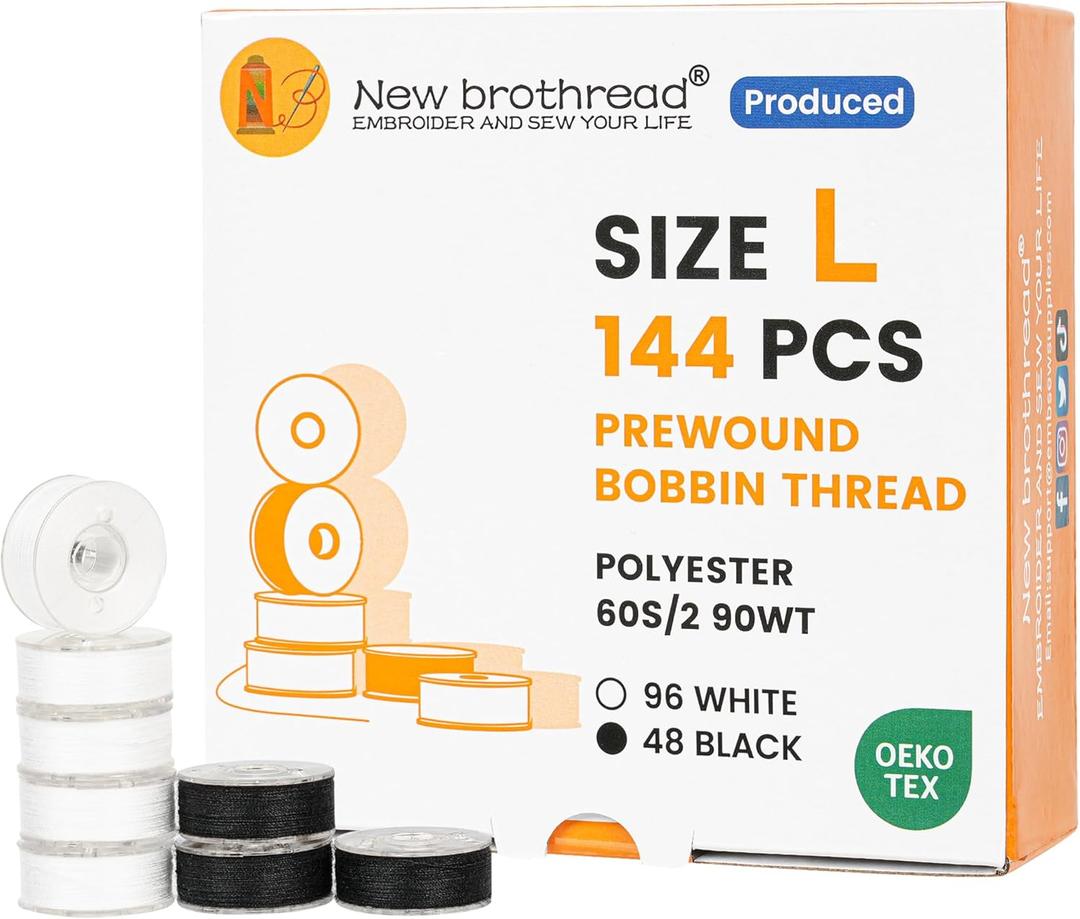 New brothread 144pcs Type L Size (SA155)(96White+48Black) Prewound Bobbin Thread Plastic Side for Commercial & Home Embroidery and Sewing Machine-90 weight Cottonized Soft Feel Polyester Sewing Thread