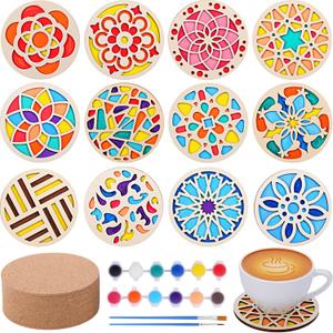 Reallnaive 12 Pcs Wood Coasters Craft Kit Paint You Own Coaster Wooden Painting Craft Kits for Adults and Beginners DIY Coasters Kit Mandala Painting Crafts Art Supplies(Mandala)