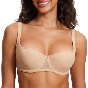 DOBREVA Women's Balconette Bra Lightly Padded Plus Size Sexy Mesh Demi Underwire Bras Wide Cushioned Straps (34DD, Beige)
