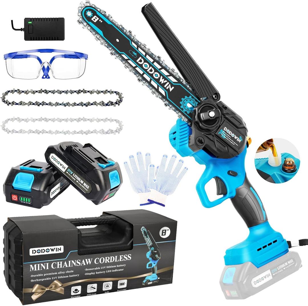 DODOWIN Mini Chainsaw 8 inch, Cordless Mini Chainsaw with 2 2.0Ah Batteries & Charger, Portable Chainsaw for Branches Wood Cutting, Birthday Gifts for Men Dad Him Grandpa (5-8 Inch Blue)