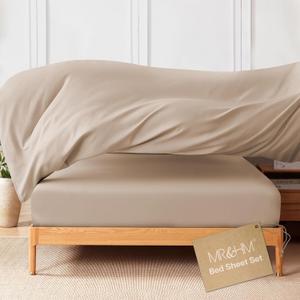 MR&HM Queen Sheet Set, 4-Piece Cooling Sheets, Rayon Derived from Bamboo & Polyester Blend, Soft & Silky, 15" Deep Pockets with Elastic Straps, Hotel Luxury for Hot Sleepers, Beige