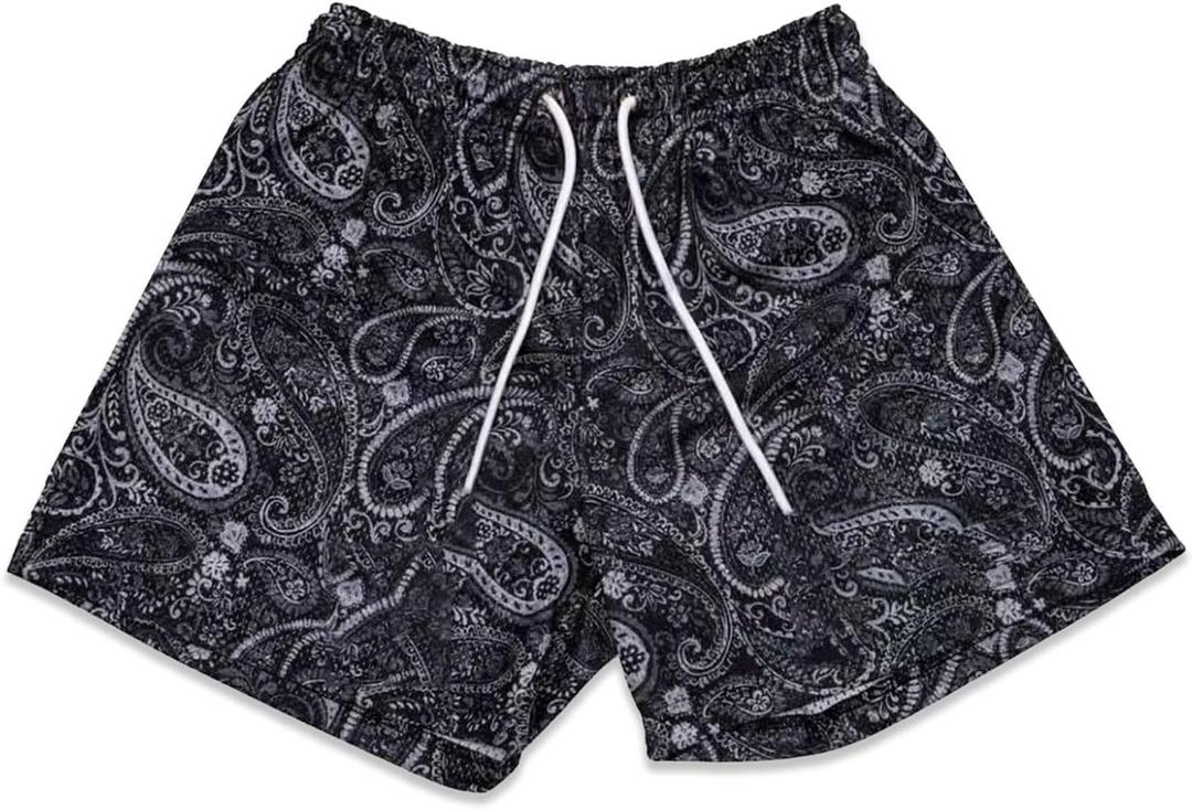 Men's Paisley Graphic Basketball Shorts Summer Gym Workout Traning Shorts Casual Streetwear (Black, M)