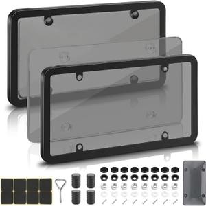 2 Pack License Plate Protector & Frame Combo, Clear Plastic Car Front/Rear Covers with Screws Caps, Universal Fit Car Accessories + Bonus Valve Stem Caps, Adhesive Pads & Mini Screwdriver