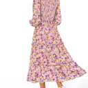 NOLLSOM Women 2026 Spring Dress Floral Boho Dress Casual Long Sleeve Crew Neck Ruffle A-Line Flowy Wedding Guest Maxi Dresses (L)