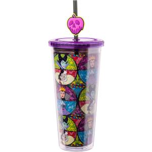 Silver Buffalo Disney Villains Featuring Cruella de Vil, Maleficent, Ursula, and the Evil Queen Glitter Plastic Cold Cup with Lid and Straw Topper, 24 Ounces