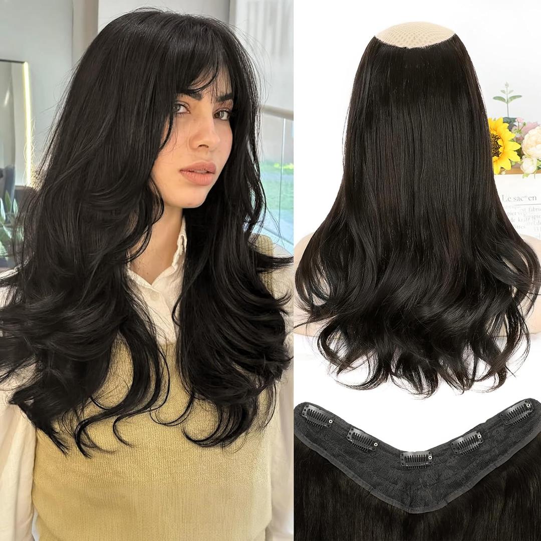 ALXNAN Long Wavy Layered Hair Extensions for Women, Clip in Hair Extensions Clip Ins Soft Full Head Synthetic Hairpieces 16 Inch Black Brown
