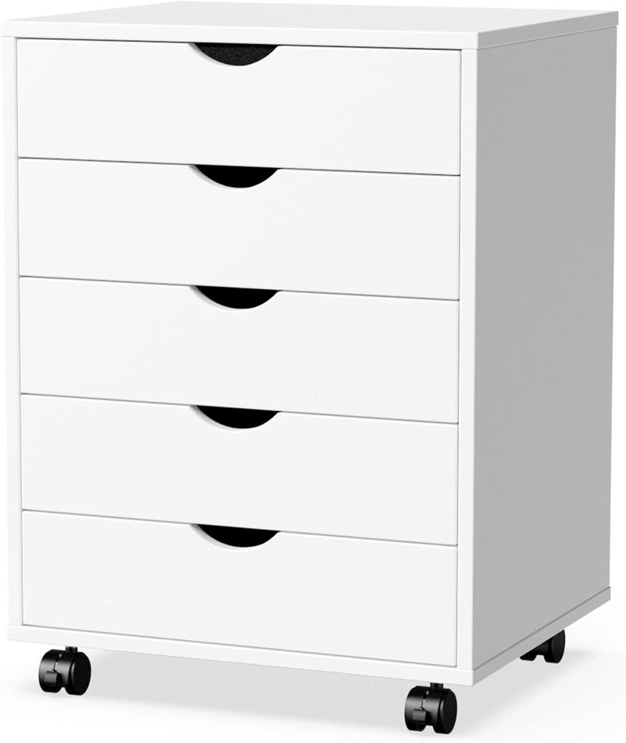 5-Drawer Chest File Cabinet, Wood Dresser Chest Mobile Office Storage Cabinets with Wheels, Small Tall Dressers Rolling Vertical File Cabinet Wood Organization Furniture for Office, Home, White