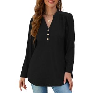 MONNURO Women's Plus Size Tops Henley V Neck Long Sleeve Button Down Shirts Blouses (X-Large Plus)