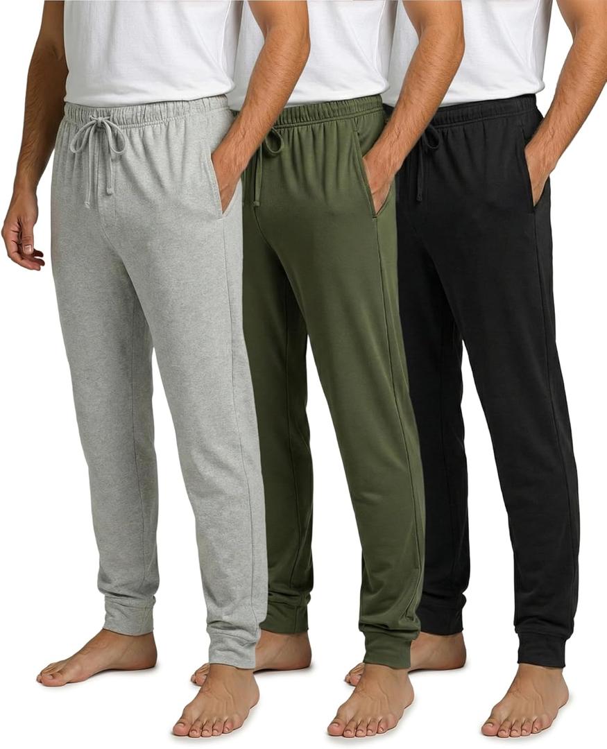 Real Essentials 3 Pack: Men's Ultra Soft Cotton Pajama Pants - Sleep Lounge PJ Joggers with Pockets -Set 3, S