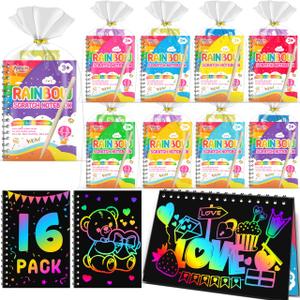 Valentines Day Party Favors for Kids: 16 Pack Rainbow Scratch Art Notebook Students Classroom Gifts Bulk for Girls Boys Goodie Bags Stuffers, Valentines Day Card for Classroom Exchange