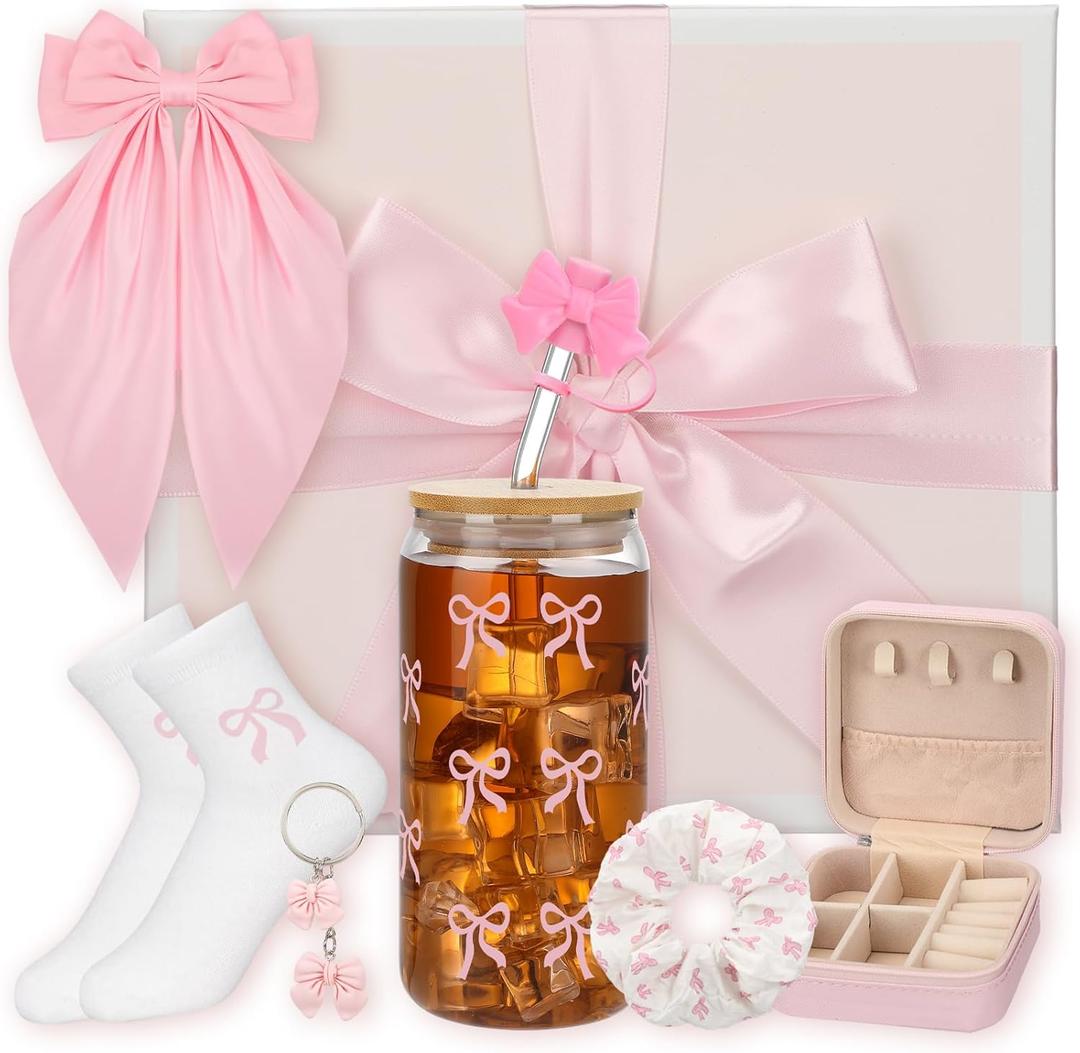 Honeydak 9 Pcs Pink Coquette Bow Gift Set with 16 oz Aesthetic Pink Glass Cup, Jewelry Box, Socks, Hairband, Keychain, Gift Box, Bow Knot Coquette Stuff Presents for Girls Women Sister Friend