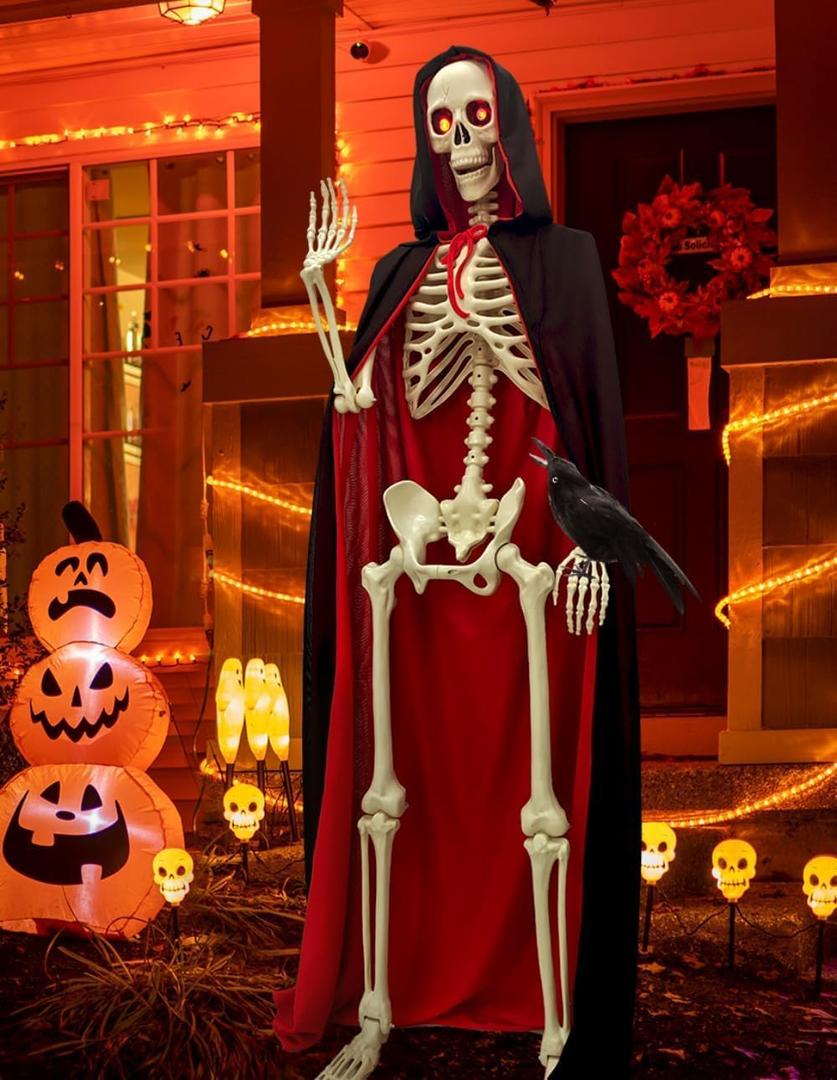 5.4FT Halloween Full Body Skeleton Decorations with Glowing Eyes, Life Size Skeleton with Movable Joints for Halloween Decorations Indoor/Outdoor Haunted Houses (white)