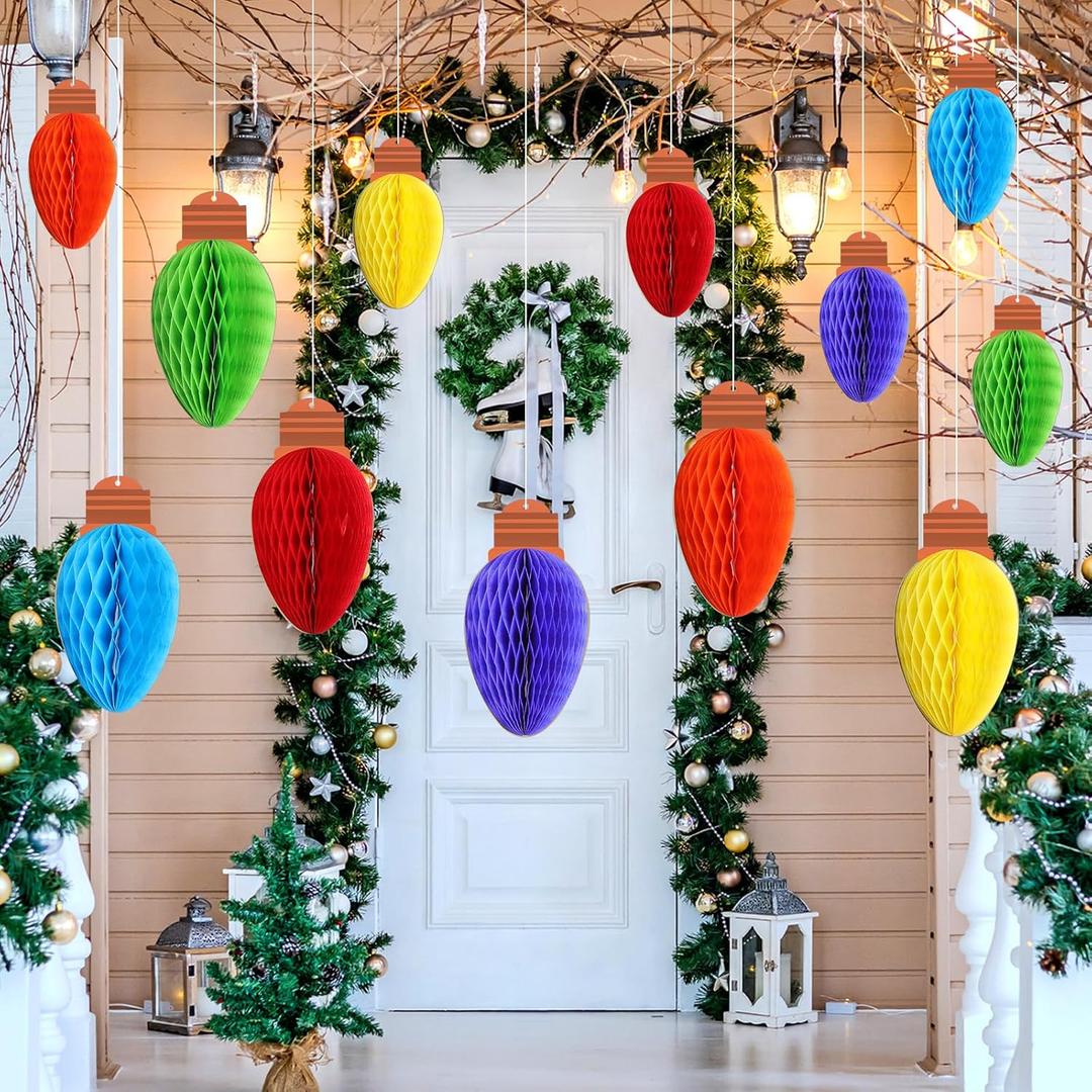 24 Pcs 3D Christmas Honeycomb Light Ball Ornaments Hanging 12/8 inch Xmas Honeycomb Paper Light Bulb Ornament Ceiling Sign Xmas Rainbow Bulbs for Home Christmas Tree Party Decor