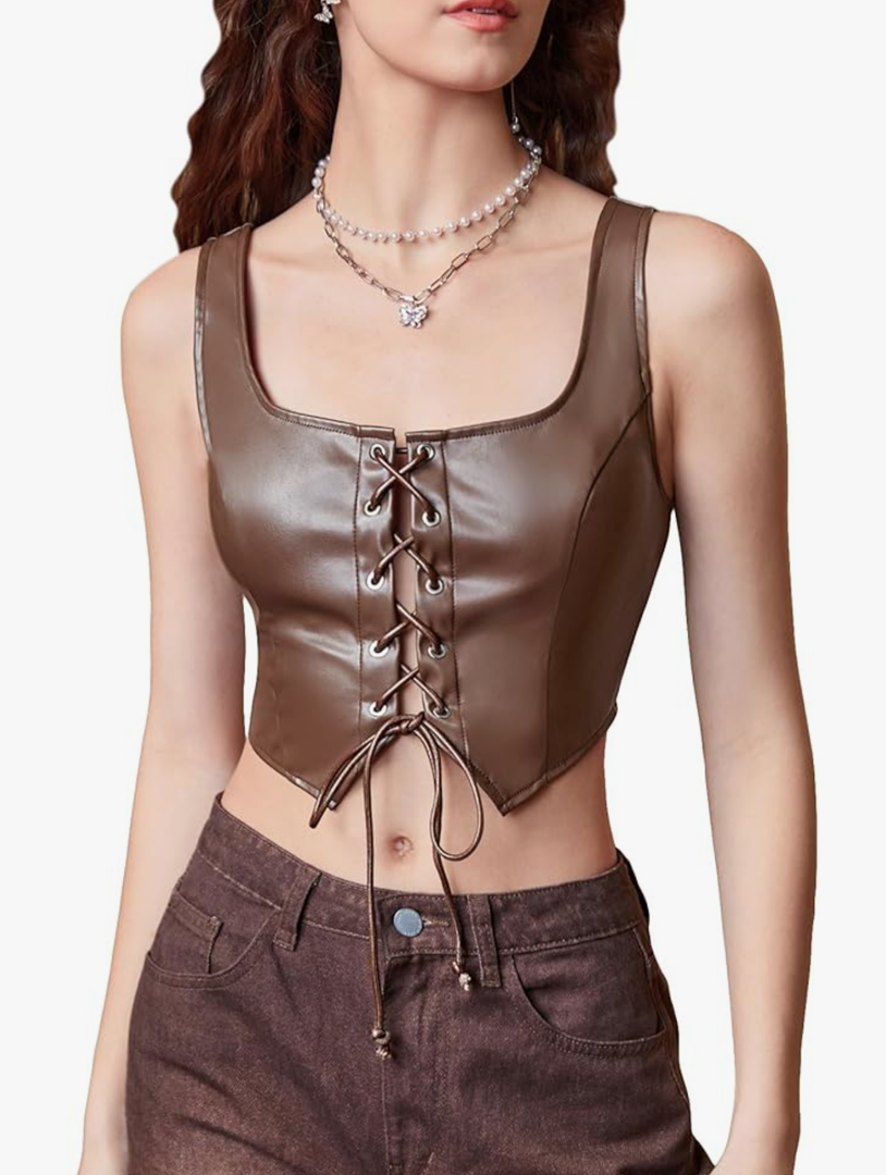 MakeMeChic Women's Faux Leather Top Sleeveless Lace Up PU Leather Crop Tank Top Vest, Size M