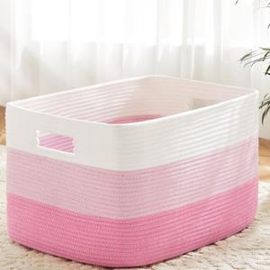 Blanket Basket,Rectangle Woven Baskets for Storage,65L Laundry Basket for Decorative Nursery Blanket,Toys,Dirty Clothes and Magazine in Shelves,Baby Room,and Living Room (Pink)