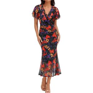 Gaharu Women's Summer Floral Bodycon Wedding Guest Cocktail Maxi Dress (M)