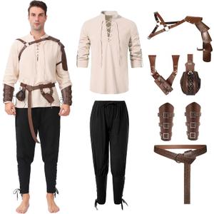 8 Pcs Men's Renaissance Pirate Costumes Halloween Medieval Shirt Pants Viking Costume Accessories Set Cosplay (XX-Large, Khaki+black)