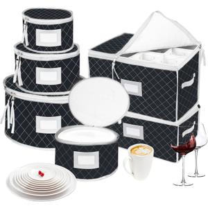 VERONLY China Dinnerware Storage Containers Set- Dish,Mug,Stemware Storage Cases - Quilted Box Bins Stackable with Divider,handles,Clear Window for Cups,Plates,Wine Glasses Moving Set of 6 (Black)
