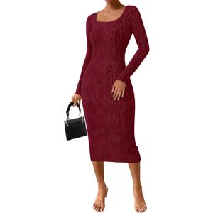 PRETTYGARDEN Womens Spring Dresses 2026 Long Sleeve Square Neck Knit Midi Beach Vacation Clothes Slit Bodycon Long Dress (Red, M)