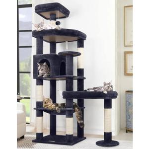 Globlazer Extra Large Platform Cat Tree, 65in Sturdy Cat Scratching Tree for Indoor Cats Large Adult, Big Cat Perch Tower with 3 Padded Perches, 6 Scratching Posts, Cat Condo, Hammock, S65, Dark Grey