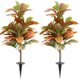35inch Artificial Croton Plant with Ground Spike, 2 Pack Artificial Plants Outdoors Front Porch, Lifelike Faux Fiddle Leaf Fig Tree for Home Garden Yard Decor
