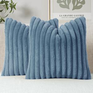 MIULEE Faux Fur Decorative Throw Pillow Covers 18x18 Inch Set of 2, Coastal Modern Art Spring Home Decor Soft Plush Couch Pillows Cozy Fluffy Cushion Covers for Sofa Bed Grey Blue