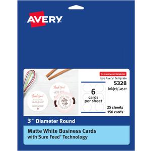 Avery Round Business Cards with Sure Feed Technology, 3" Diameter, Matte White, 150 Round Cards Total, Print-to-the-Edge, Laser/Inkjet Printable Cards (5328)