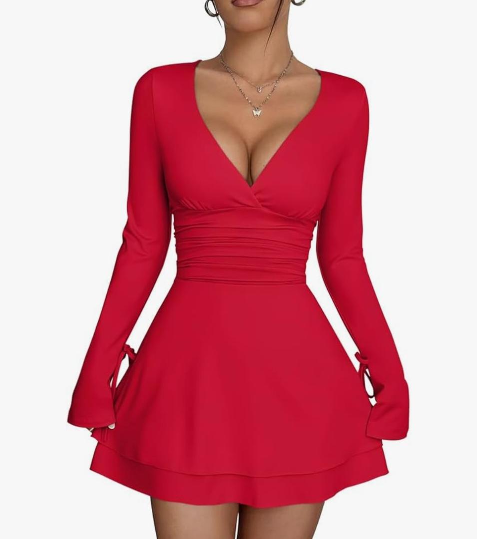 XXTAXN Women's Sexy Wrap V Neck Long Sleeve Flowy Hem A Line Ruched Waist Corset Mini Dress, S, Red