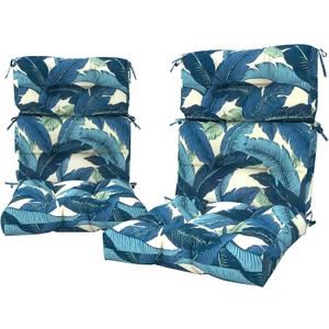 LVTXIII 2 Pack Outdoor High Back Cushions, 22" W x 20" D Tufted Seat and Back Chair Cushion with Ties, Fluffy Patio Replacement Rocking Chair Cushion for Outdoor Furniture Use, Swaying Palms Blue, 44"x22"x4"
