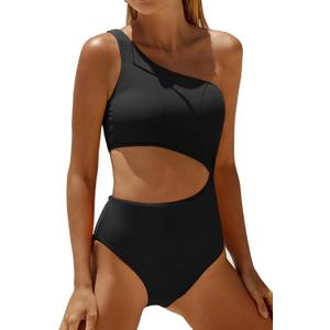 Women's One Piece Swimsuit- One Shoulder Bathing Suit Cutout Tummy Control Swimwear (Black)