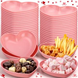 Hushee 50 Pack Valentine's Day 6 Inch Heart Shaped Dish Pink Snack Candy Bowl Plastic Heart Small Salad Bowl Mini Sauce Seasoning Dishes Appetizer Sushi Dipping Plates for Wedding Birthday Party