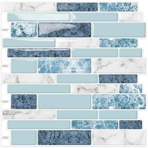 DEWOO Peel and Stick on Self Adhesive Backsplash Wall Marble Tiles Stickers 3D for Kitchen Bathroom,Spliced Blue (10-Sheet, 12"×12")
