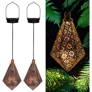 MAGGIFT 2 Pack Solar Hanging Lights, Solar Powered Retro Lantern with Handle, Warm White LED Christmas Garden Lights, Metal Diamond Shape Lamp Waterproof for Outdoor for Yard Tree Fence Patio