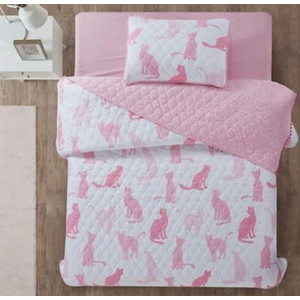 Sleeping Partners 2 Piece Pink Cats Quilt Set with Mini Pom Poms, Twin, Pink