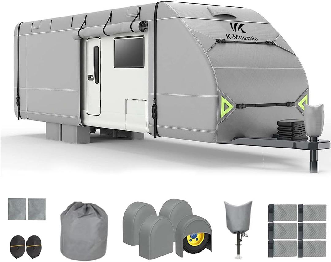 K-Musculo RV Cover,18-20 FT Heavy Duty Travel Trailer Cover with 8 Layers Corner, Windproof and Waterproof Camper Cover with 4 Tire Cover & Tongue Jack Cover