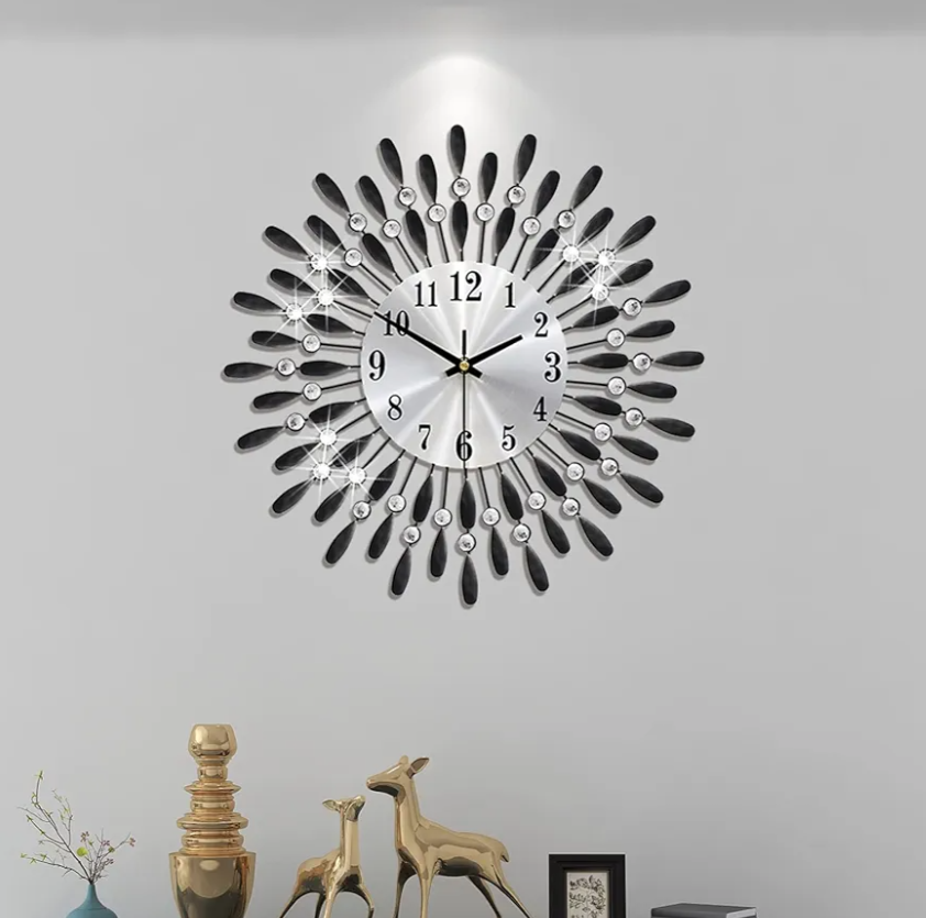 Wall Clocks for Living Room Decor Large Wall Clocks Battery Operated Silent Non-Ticking for Bedroom Kitchen Office Home Decorative 14 Inches Small Round Metal Black Crystal Wall Watch Clock
